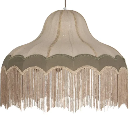 Lustres et suspensions Ethan Chloé Grande suspension cloche en lin écru bandeau vert franges Ethan Chloé 72 cm