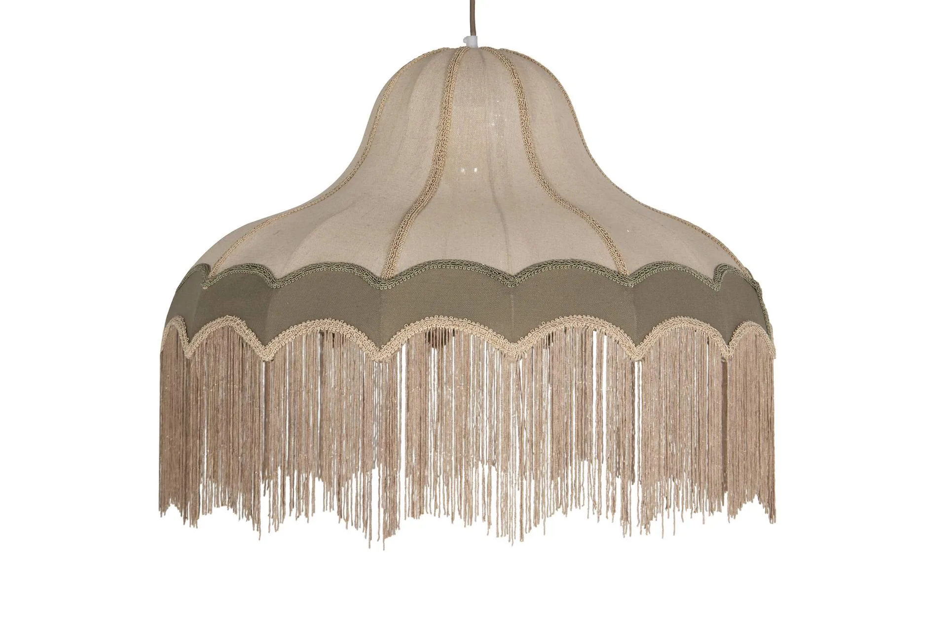 Grande suspension cloche en lin écru bandeau vert franges Ethan Chloé 72 cm