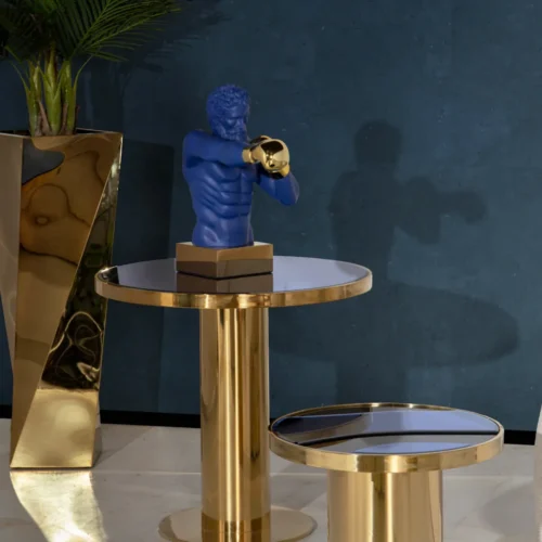 Table bistrot miroir bleu ronde pied colonne doré Ethan Chloé 80 cm — vue 2