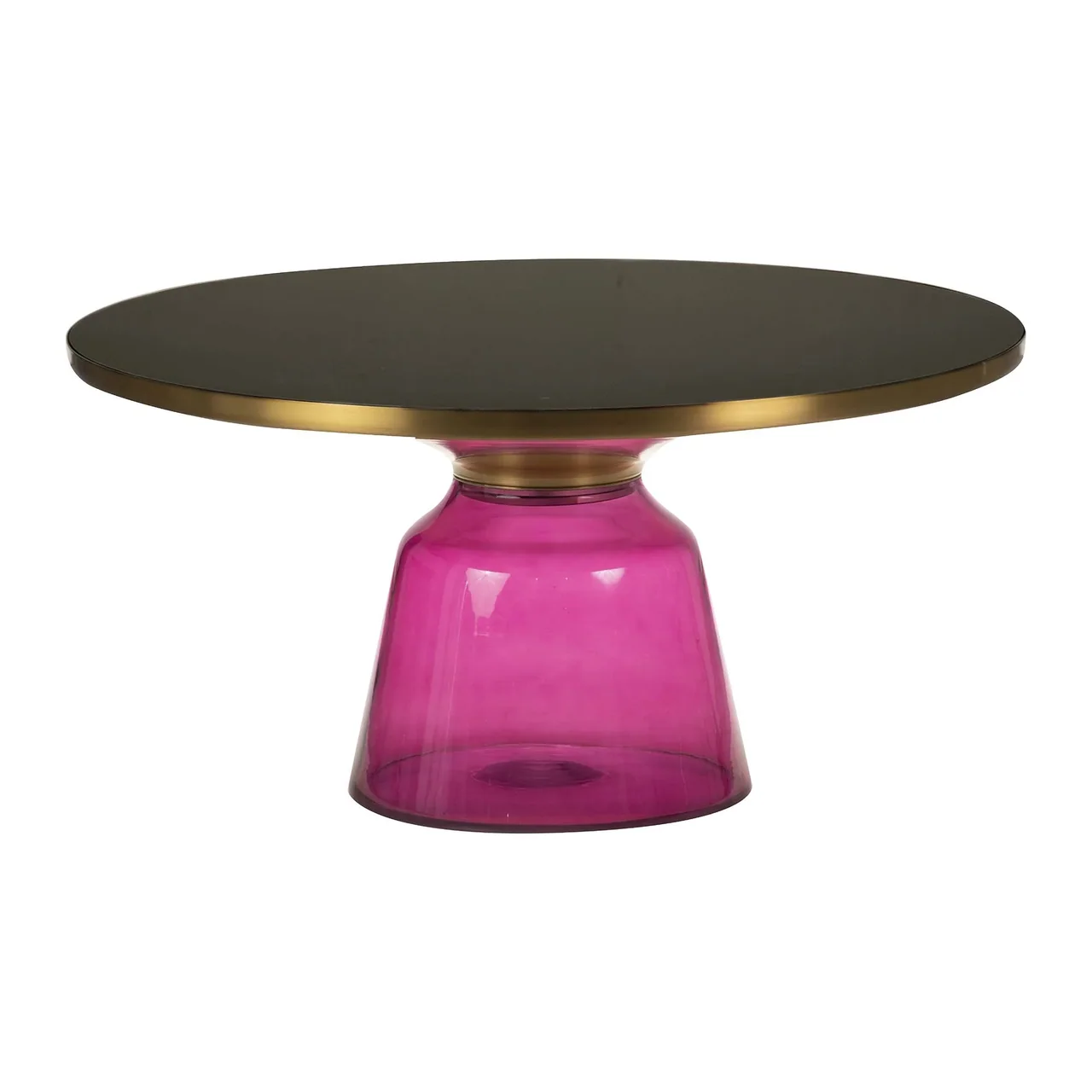 Table basse verre soufflé rose ronde plateau noir cerclé doré Ethan Chloé 75 cm