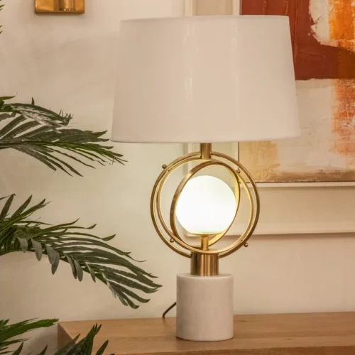 Lampes à poser Ethan Chloé Lampe à poser anneau doré socle marbre blanc Ethan Chloé 70 cm