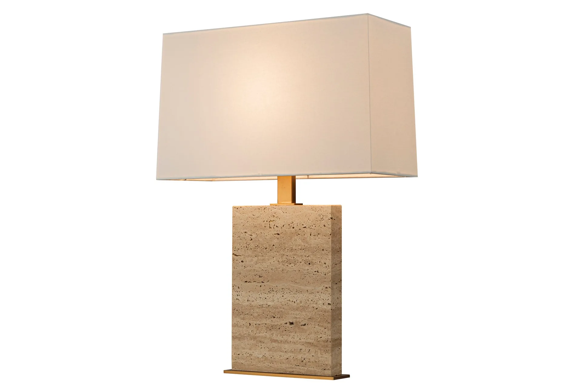 Lampe à poser bloc de travertin semelle dorée abat-jour lin Ethan Chloé 60 cm