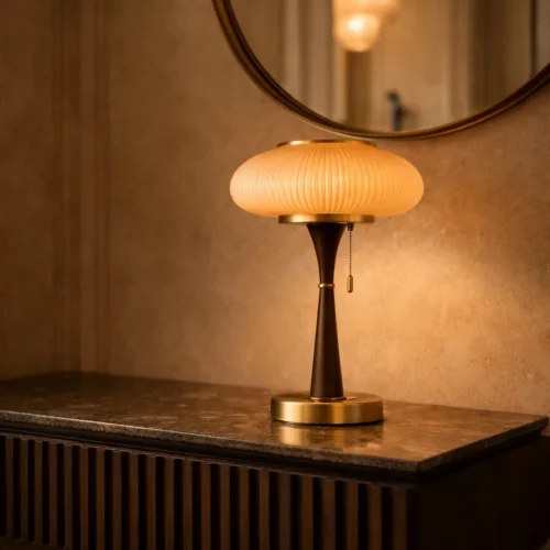 Lampes à poser Ethan Chloé Lampe à poser dôme nervuré ambré fût brun Ethan Chloé 40 cm de haut