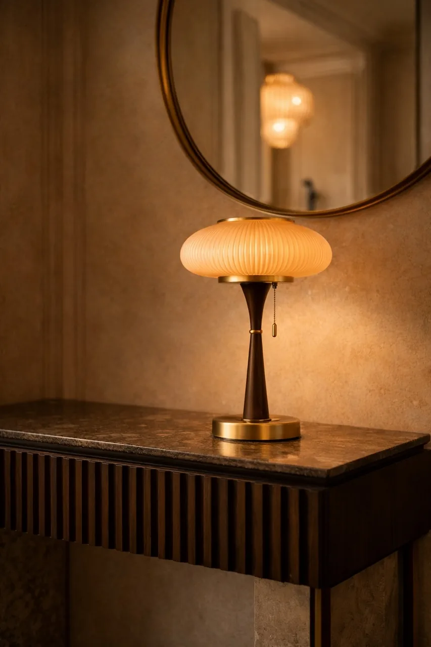 Lampe à poser dôme nervuré ambré fût brun Ethan Chloé 40 cm de haut