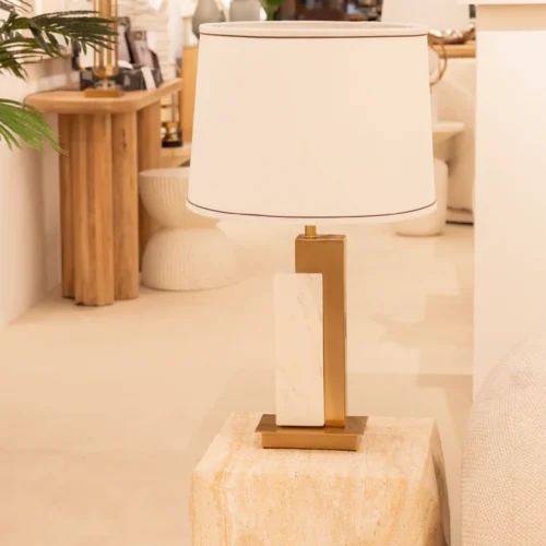 Lampes à poser Ethan Chloé Lampe à poser marbre équerre dorée bloc blanc veiné Ethan Chloé 62 cm