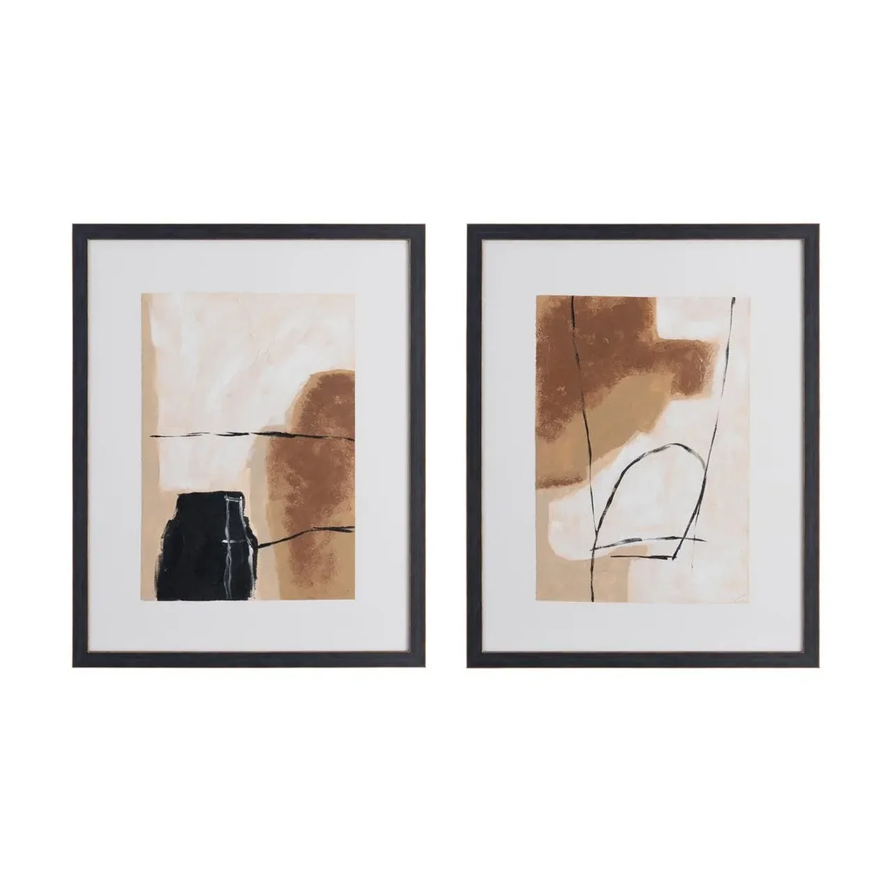 Lot 2 Tableaux abstraits beige et brun peints à la main Ixia 65 × 82 cm
