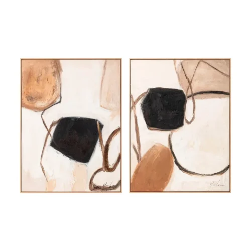 Décoration murale Lot 2 Tableaux abstraits beige ocre et noir peints à l'huile Ixia 90 × 120 cm