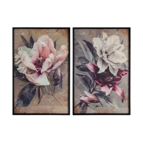 Lot 2 Tableaux fleurs roses et prune sous verre cadre noir Ixia 80 × 120 cm