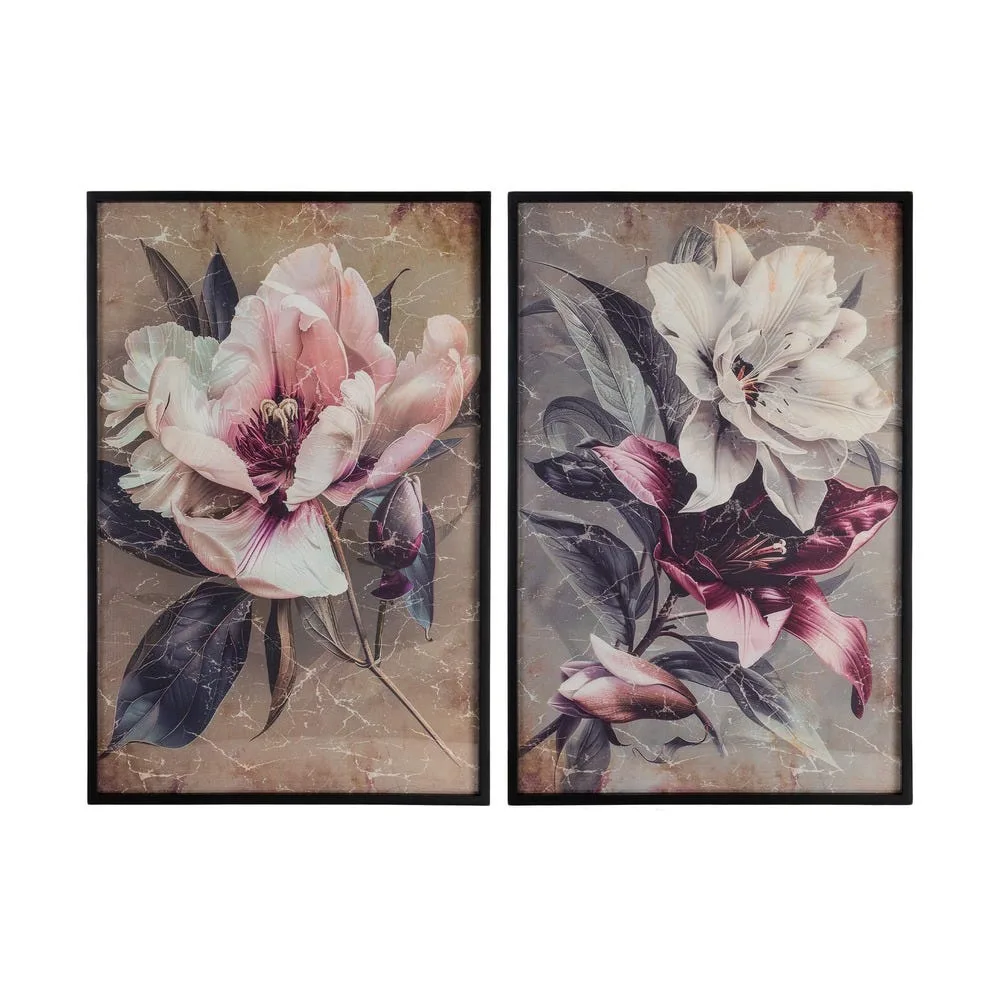 Lot 2 Tableaux fleurs roses et prune sous verre cadre noir Ixia 80 × 120 cm
