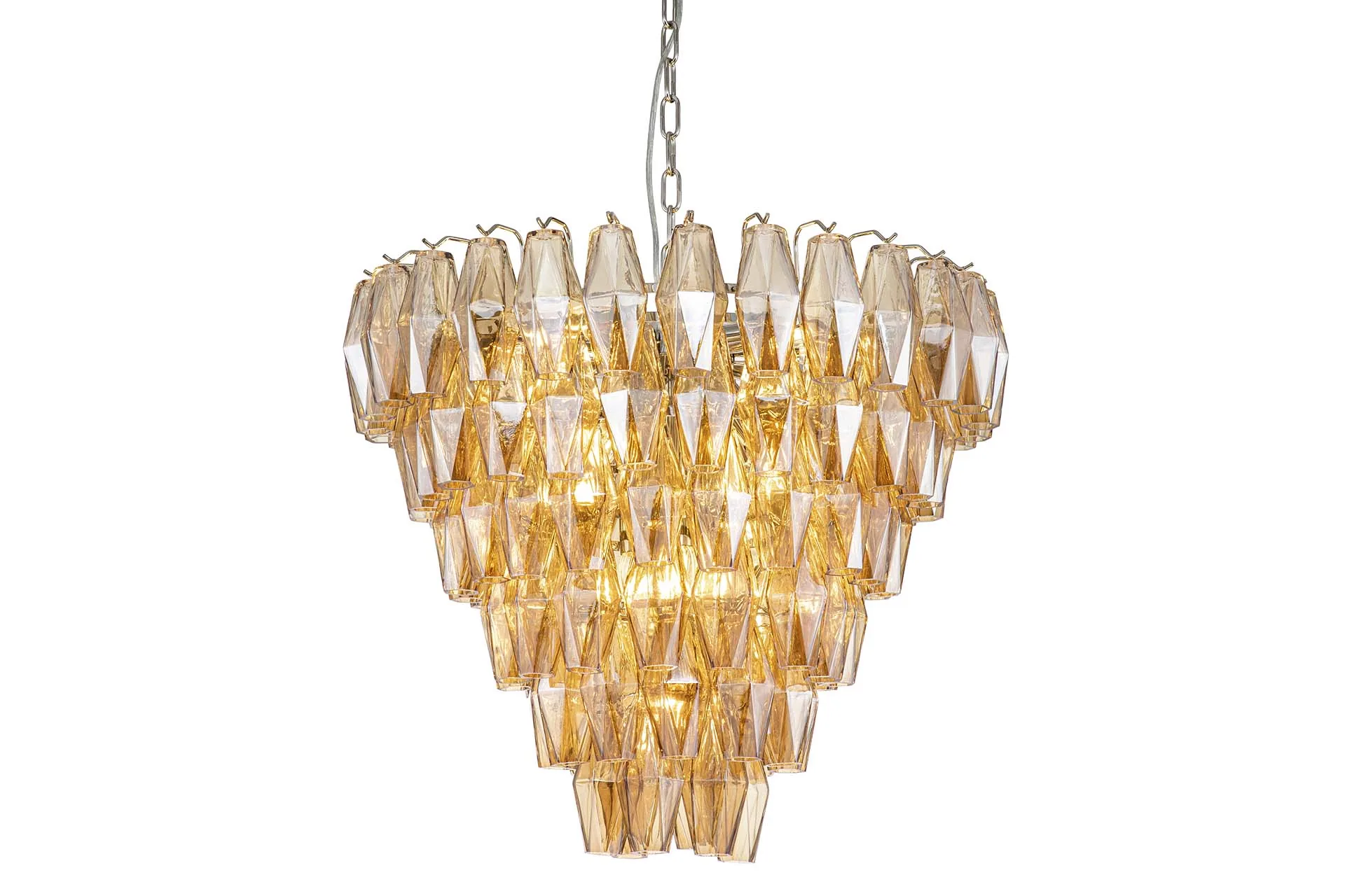 Lustre cascade de verre ambré facetté dix-sept lumières Ethan Chloé 85 cm de haut