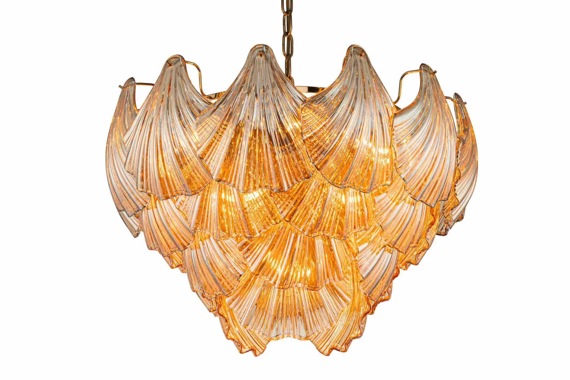 Lustre coquillages de verre doré dix lumières en deux rangs Ethan Chloé 59 cm