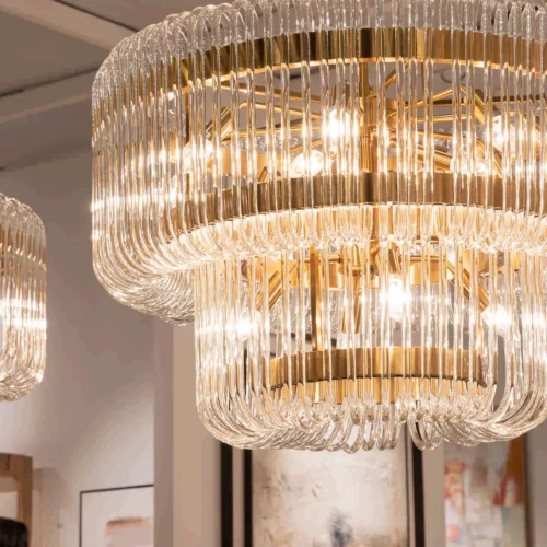 Luminaires Ethan Chloé Lustre deux tambours de baguettes de verre clair quinze lumières Ethan Chloé 80 cm