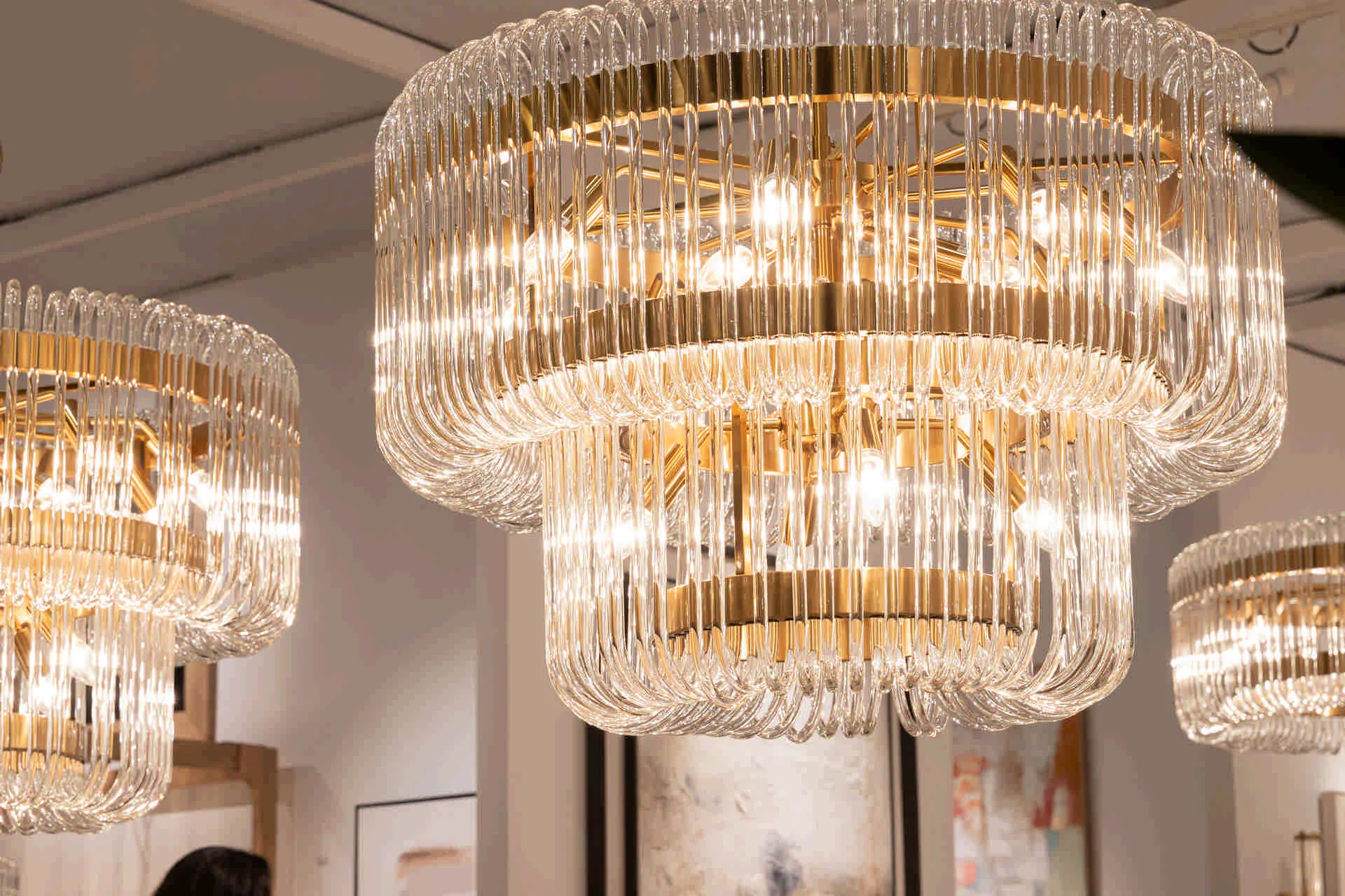 Lustre deux tambours de baguettes de verre clair quinze lumières Ethan Chloé 80 cm