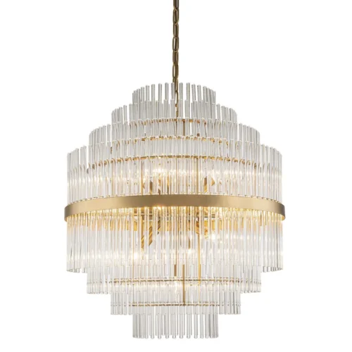 Luminaires Ethan Chloé Lustre étagé en baguettes de verre clair et bague dorée Ethan Chloé 60 cm