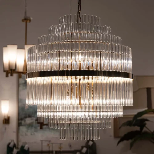 Lustre étagé en baguettes de verre clair et bague dorée Ethan Chloé 60 cm — vue 2
