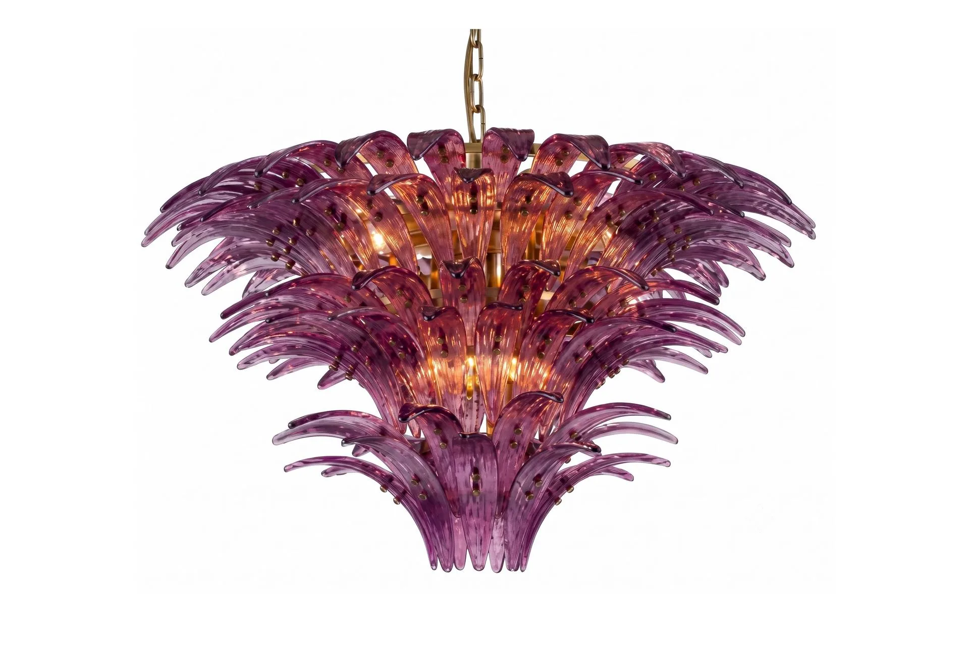 Lustre feuilles de palmier améthyste trois étages en verre Ethan Chloé 80 cm