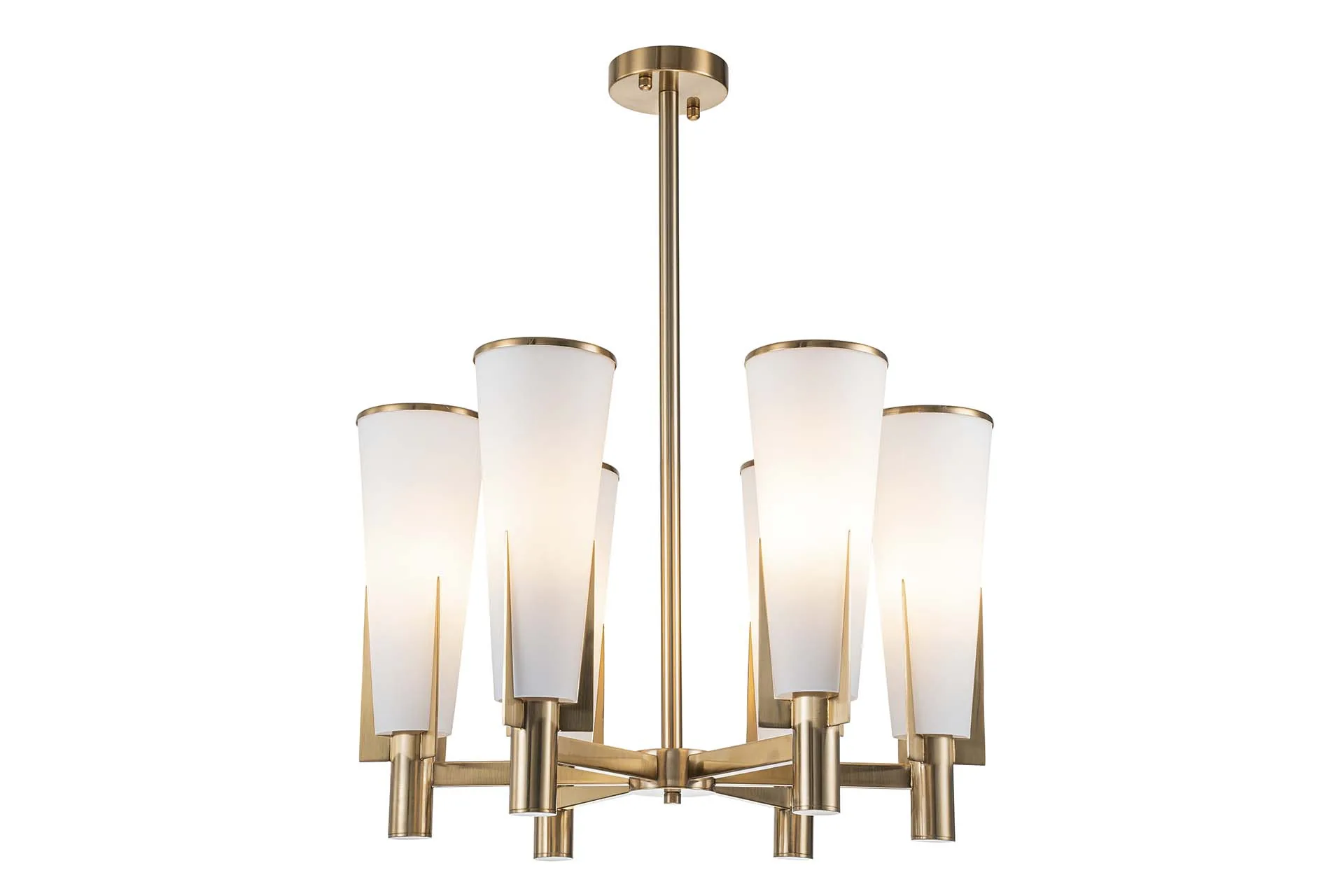 Lustre six bras dorés cornets de verre dépoli Ethan Chloé 61 cm