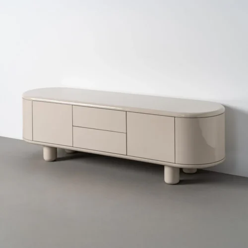 Meuble TV laqué beige 2 portes 2 tiroirs Ixia 180 cm