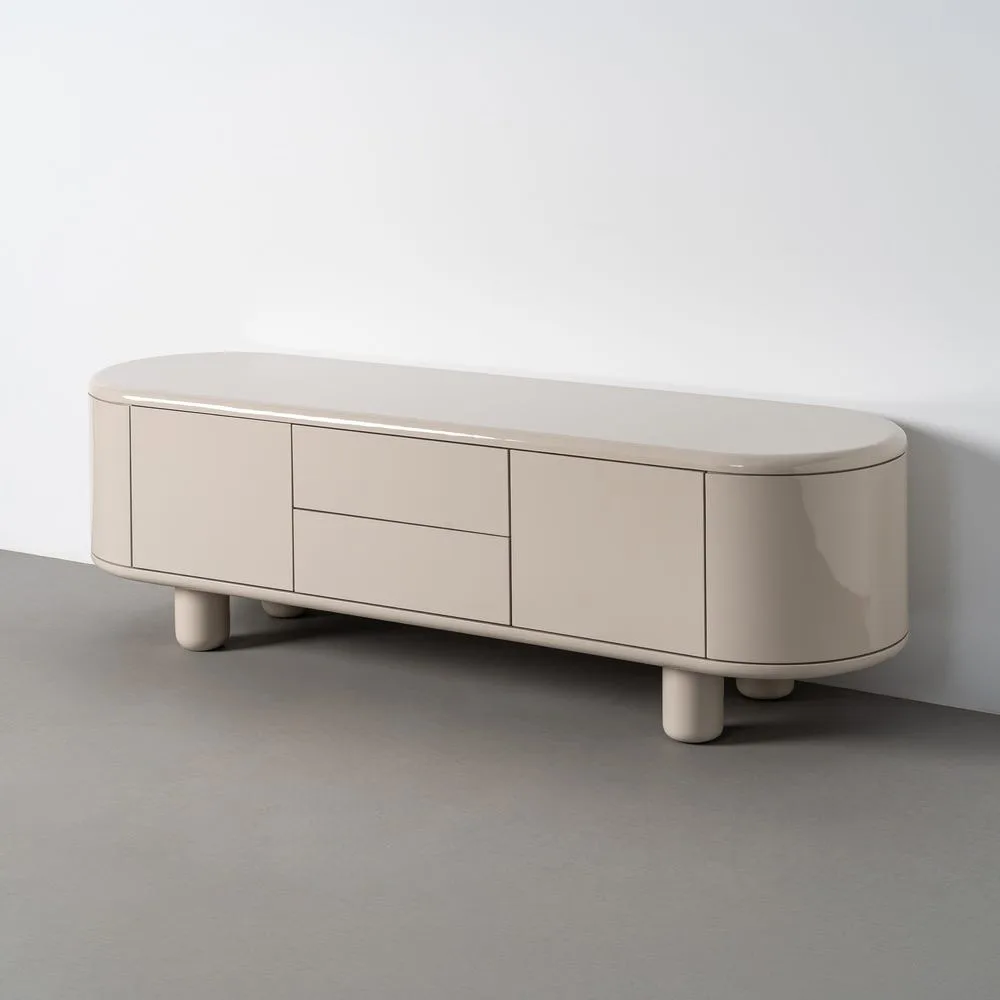 Meuble TV laqué beige 2 portes 2 tiroirs Ixia 180 cm