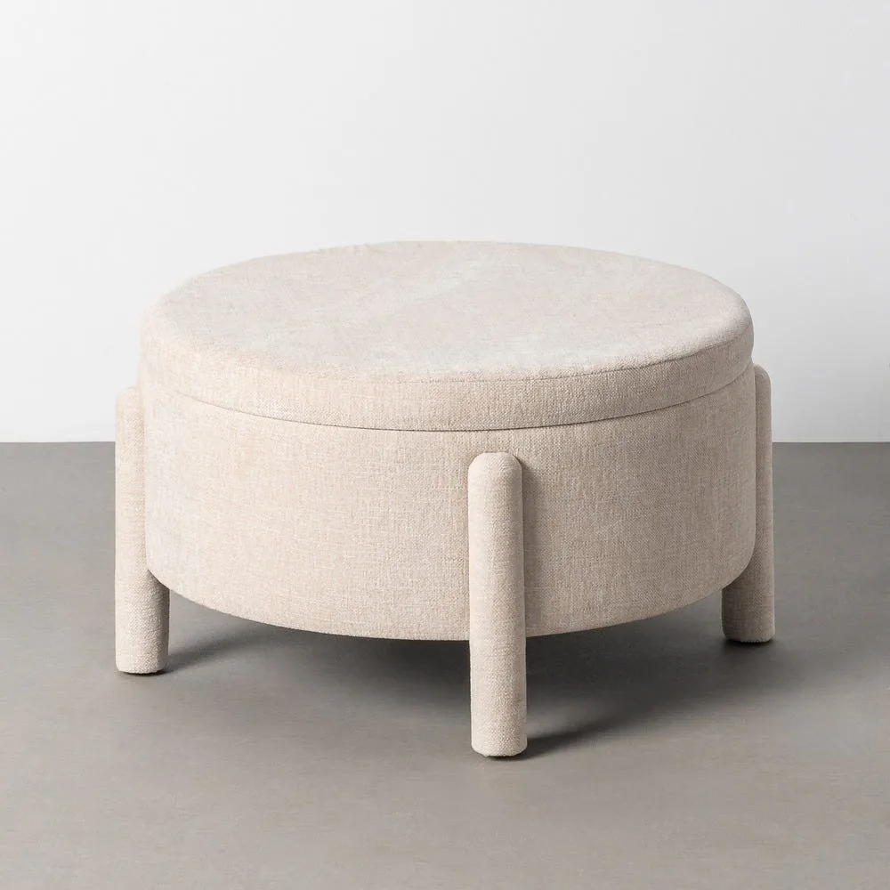 Pouf coffre rond tissu beige sur pieds Ixia Ø 70 cm