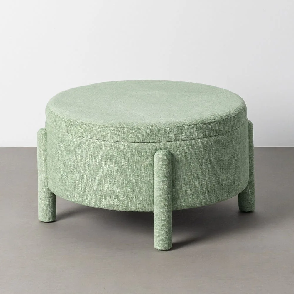 Pouf coffre rond tissu vert pomme sur pieds Ixia Ø 70 cm