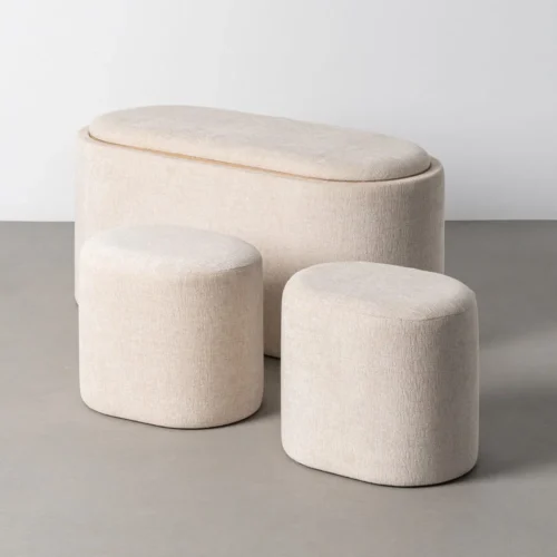 Set de 3 coffre et 2 poufs tissu beige avec plateau Ixia 96 cm