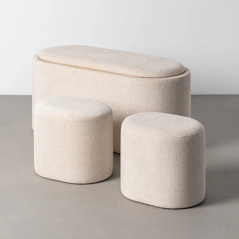 Set de 3 coffre et 2 poufs tissu beige avec plateau Ixia 96 cm