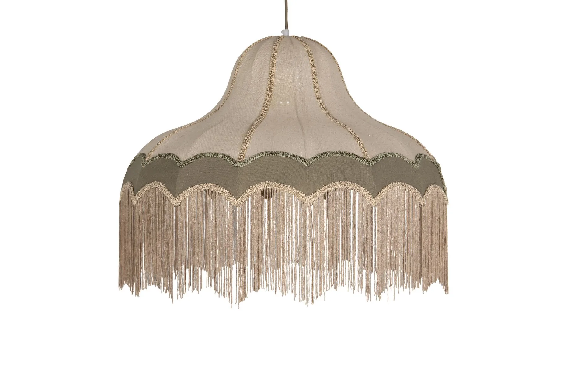 Suspension cloche en lin à franges écrue et bandeau vert Ethan Chloé 61 cm