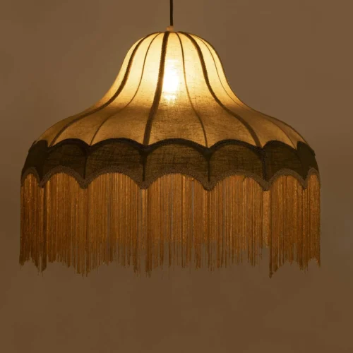 Suspension cloche en lin à franges écrue et bandeau vert Ethan Chloé 61 cm — vue 2