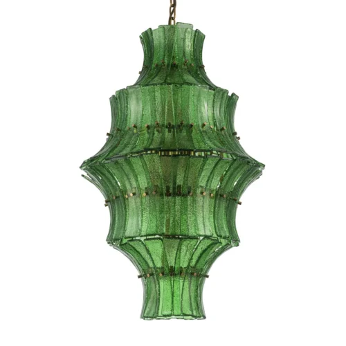 Suspension pagode en verre vert bouteille onze lumières Ethan Chloé 76 cm de haut