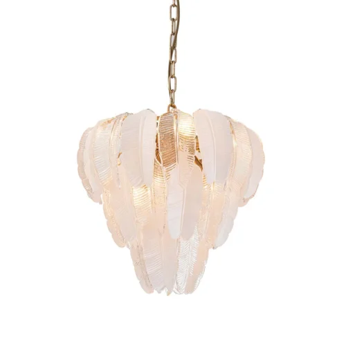 Luminaires Ethan Chloé Suspension plumes de verre blanc dépoli nervures dorées Ethan Chloé 46 cm