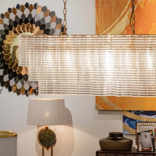 Luminaires Ethan Chloé Suspension rectangulaire baguettes de verre deux étages pour table Ethan Chloé 103 cm