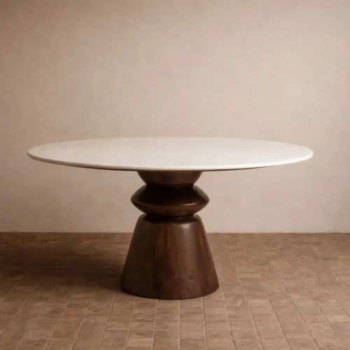 Tables à manger Ethan Chloé Table à manger plateau travertin ronde pied tourné bois de mindi Ethan Chloé 129 cm