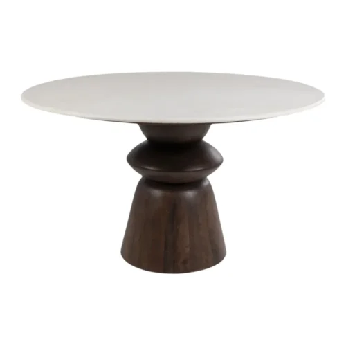 Table à manger plateau travertin ronde pied tourné bois de mindi Ethan Chloé 129 cm — vue 2