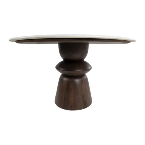 Table à manger plateau travertin ronde pied tourné bois de mindi Ethan Chloé 129 cm — vue 4