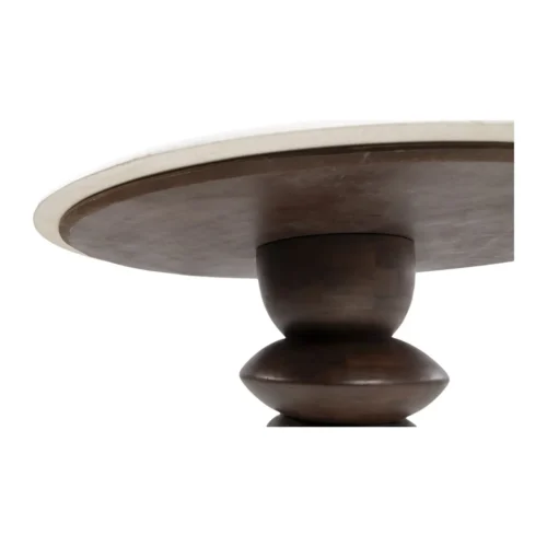 Table à manger plateau travertin ronde pied tourné bois de mindi Ethan Chloé 129 cm — vue 6