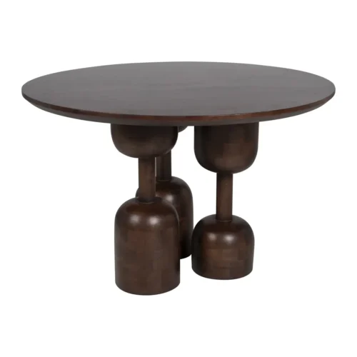 Mobilier Ethan Chloé Table à manger ronde bois de mindi brun trois pieds sculptés Ethan Chloé 120 cm
