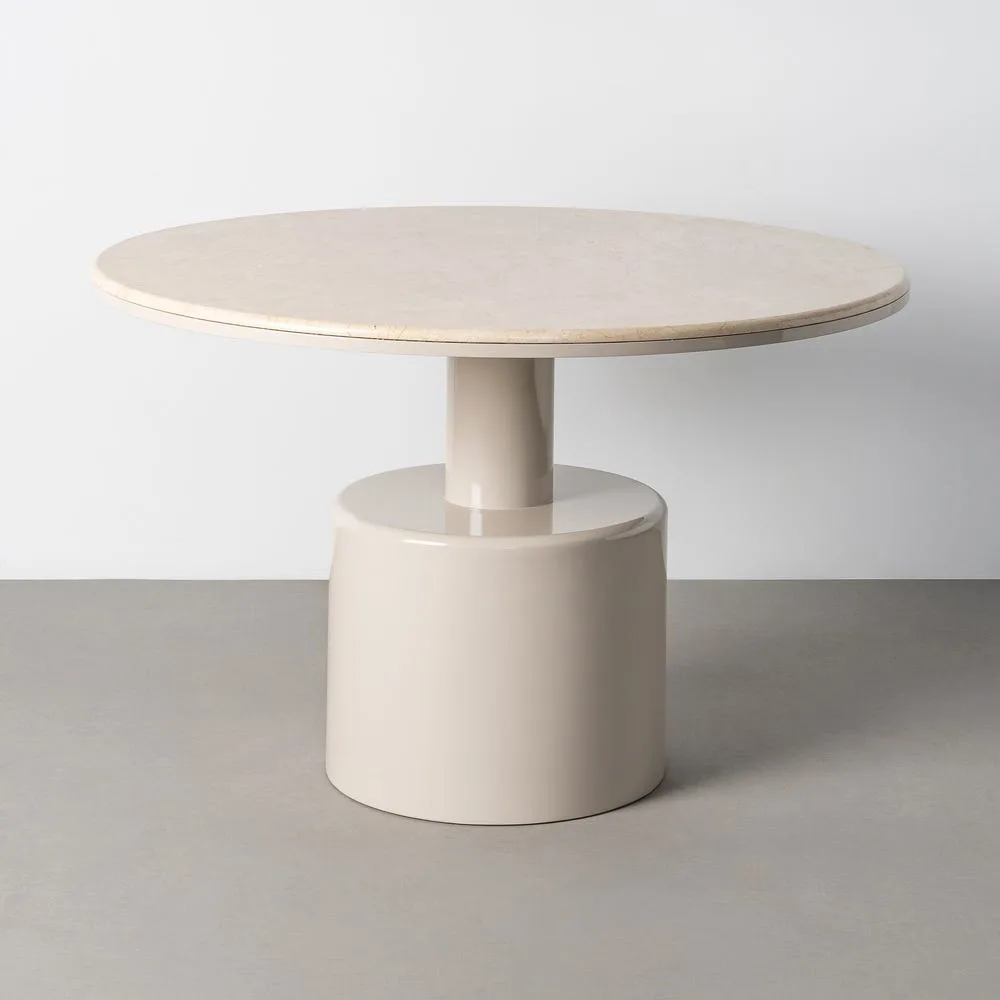 Table à manger ronde marbre crème pied laqué beige Ixia 120 cm