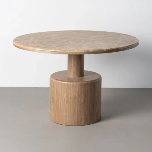 Meuble Table à manger ronde plateau marbre pied effet bois Ixia 120 cm