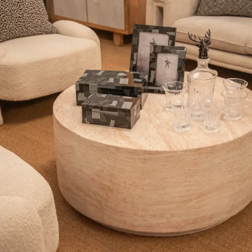 Table basse cylindrique aspect pierre crème Sedit veinée Ethan Chloé 90 cm — vue 3