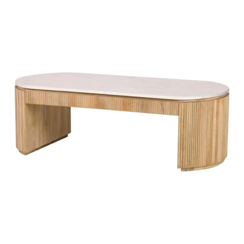 Tables basses Ethan Chloé Table basse marbre et bois de manguier Tyla joues cannelées Ethan Chloé 140 cm