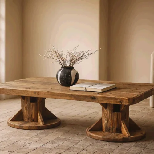 Tables basses Ethan Chloé Table basse pin recyclé Bacolod pieds sculptés dans le tronc Ethan Chloé 135 cm