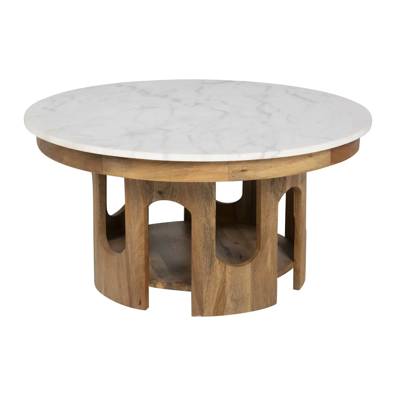 Table basse ronde marbre et bois de mindi base à arcades Ethan Chloé 80 cm
