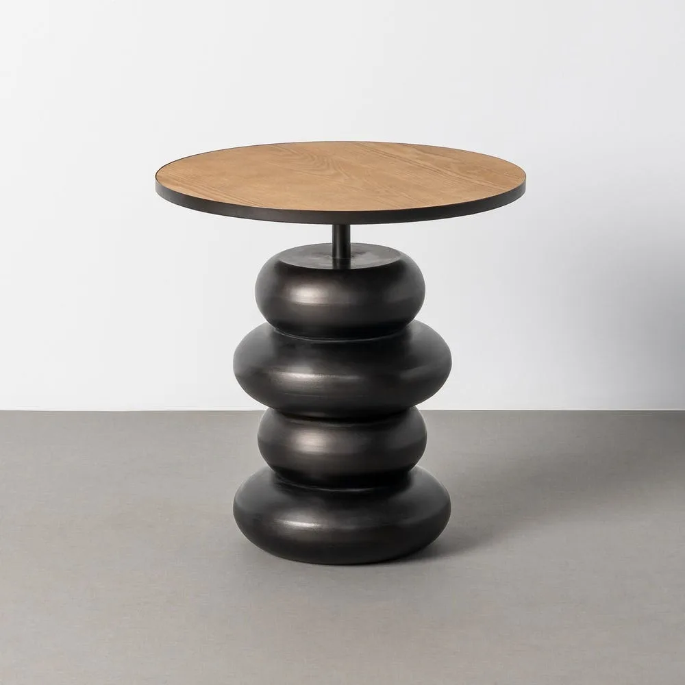 Table basse ronde plateau bois naturel et galets empilés métal noir Ixia Ø 50 cm