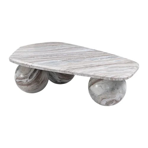 Tables basses Ethan Chloé Table basse travertin brun plateau galet sur trois sphères Ethan Chloé 120 cm
