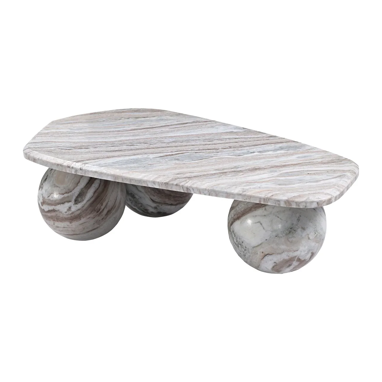 Table basse travertin brun plateau galet sur trois sphères Ethan Chloé 120 cm