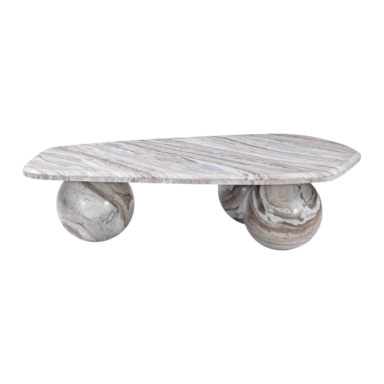 Table basse travertin brun plateau galet sur trois sphères Ethan Chloé 120 cm — vue 2
