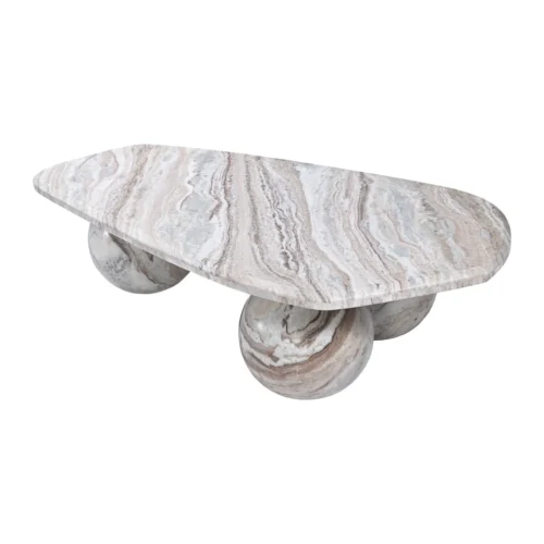 Table basse travertin brun plateau galet sur trois sphères Ethan Chloé 120 cm — vue 3