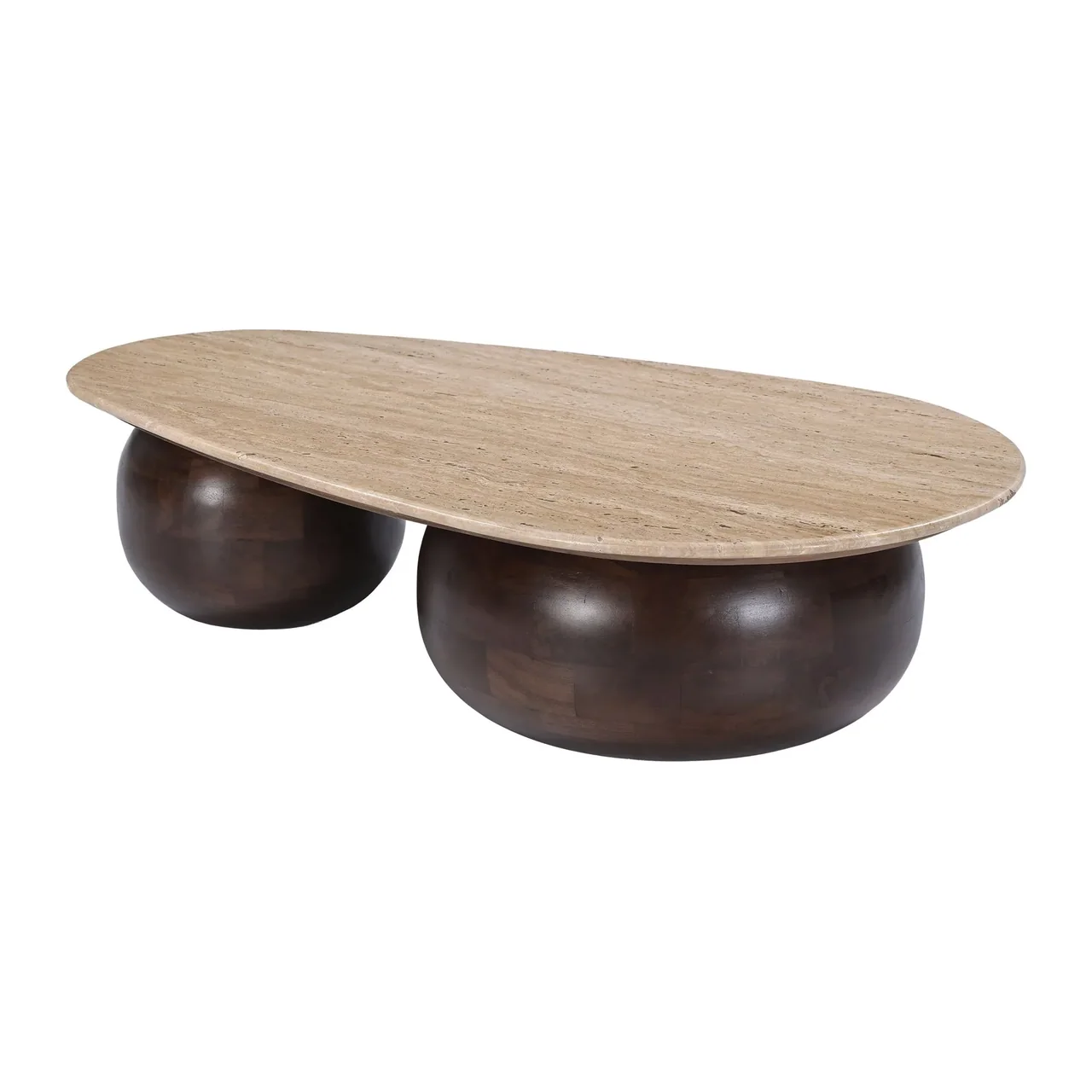 Table basse travertin clair plateau galet sur sphères de mindi Ethan Chloé 120 cm