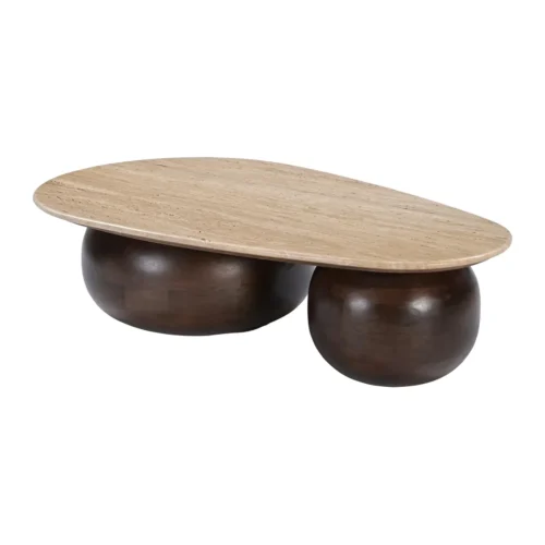 Table basse travertin clair plateau galet sur sphères de mindi Ethan Chloé 120 cm — vue 2